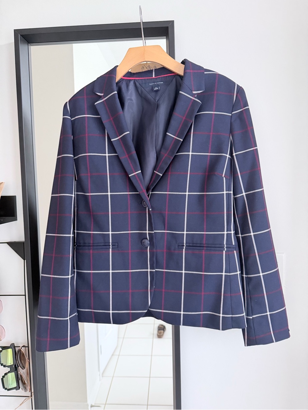Tommy Hilfiger Navy Windowpane Plaid Tailored Blazer Size 8
